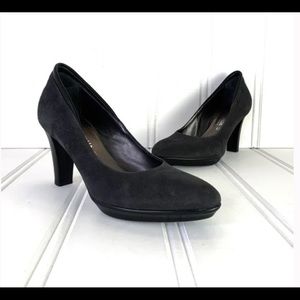 AQUATALIA LEATHER PUMP GREY SHOES BLACK GENUINE LEATHER TRIM BLOCK HEEL SIZE 6.5